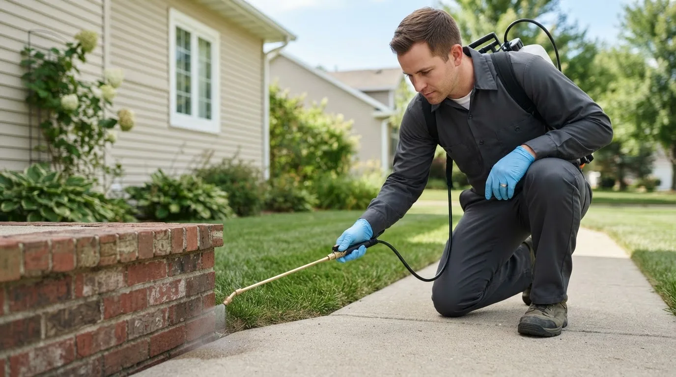 Pest control technician treating a home near Granada, MN