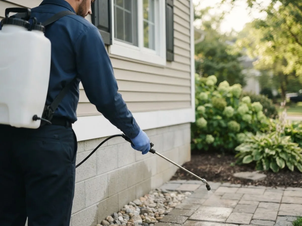 Pest control technician inspecting a home in Granada, MN